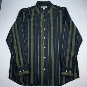 Tommy Bahama Shirt Mens Medium M Black Green Striped 100% Silk Long Sleeve